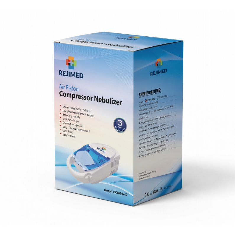The Rejimed Air Piston Compressor Nebulizer (Blue Color) is built to provide efficient aerosol therapy for managing respiratory conditions such as asthma, bronchitis, and allergies. Equipped with a powerful piston compressor, it ensures steady medication flow with optimal particle size for deeper lung absorption. Its user-friendly design makes it suitable for both adults and children, while the quiet operation enhances comfort during use. Lightweight and portable, it’s ideal for home or travel, and its durable build ensures reliable performance for everyday respiratory care.